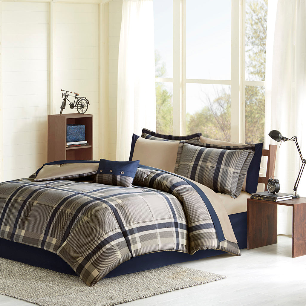 Queen Plaid Comforter Set with Bed Sheets