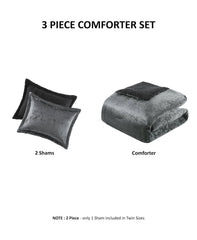 3 PCS Full/Queen Crushed Velvet Sherpa Reversible Comforter Set Charcoal