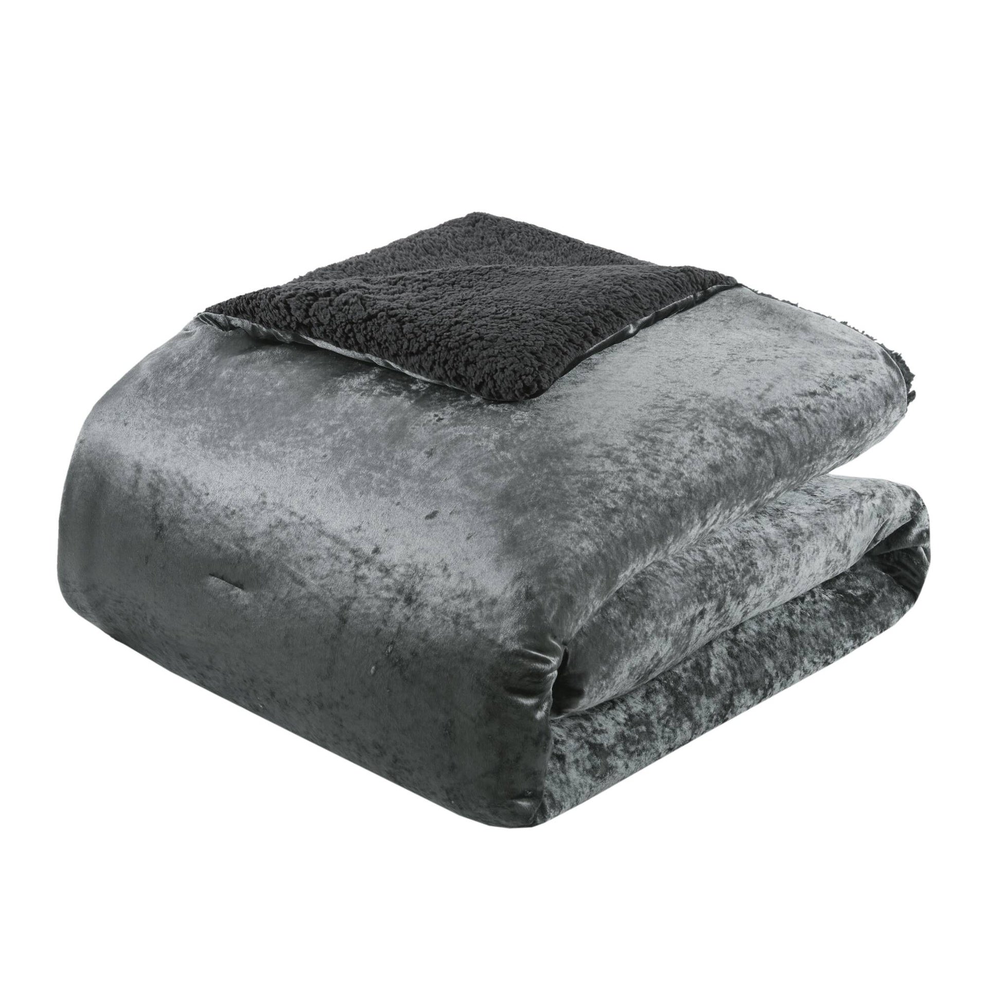 3 PCS Full/Queen Crushed Velvet Sherpa Reversible Comforter Set Charcoal