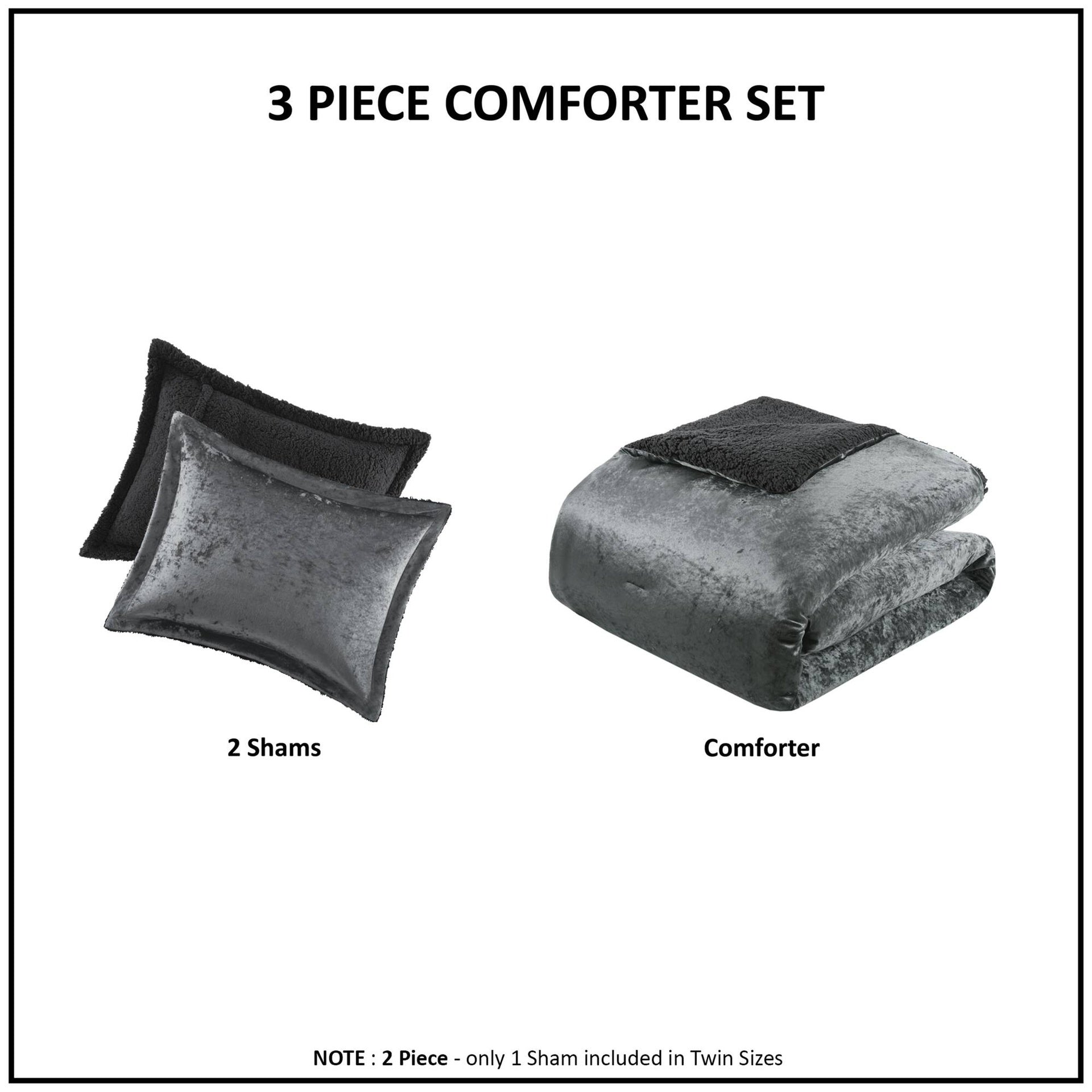 3 PCS Full/Queen Crushed Velvet Sherpa Reversible Comforter Set Charcoal