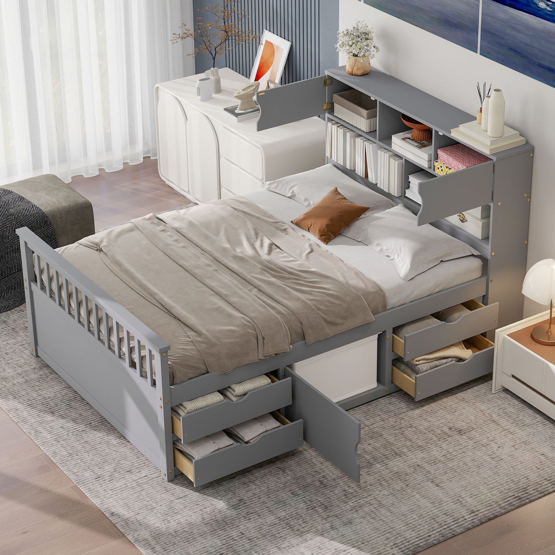 Full Size Captain Platform Bed Frame with Storage Bookcases and Shelves,Four Drawers,Gray