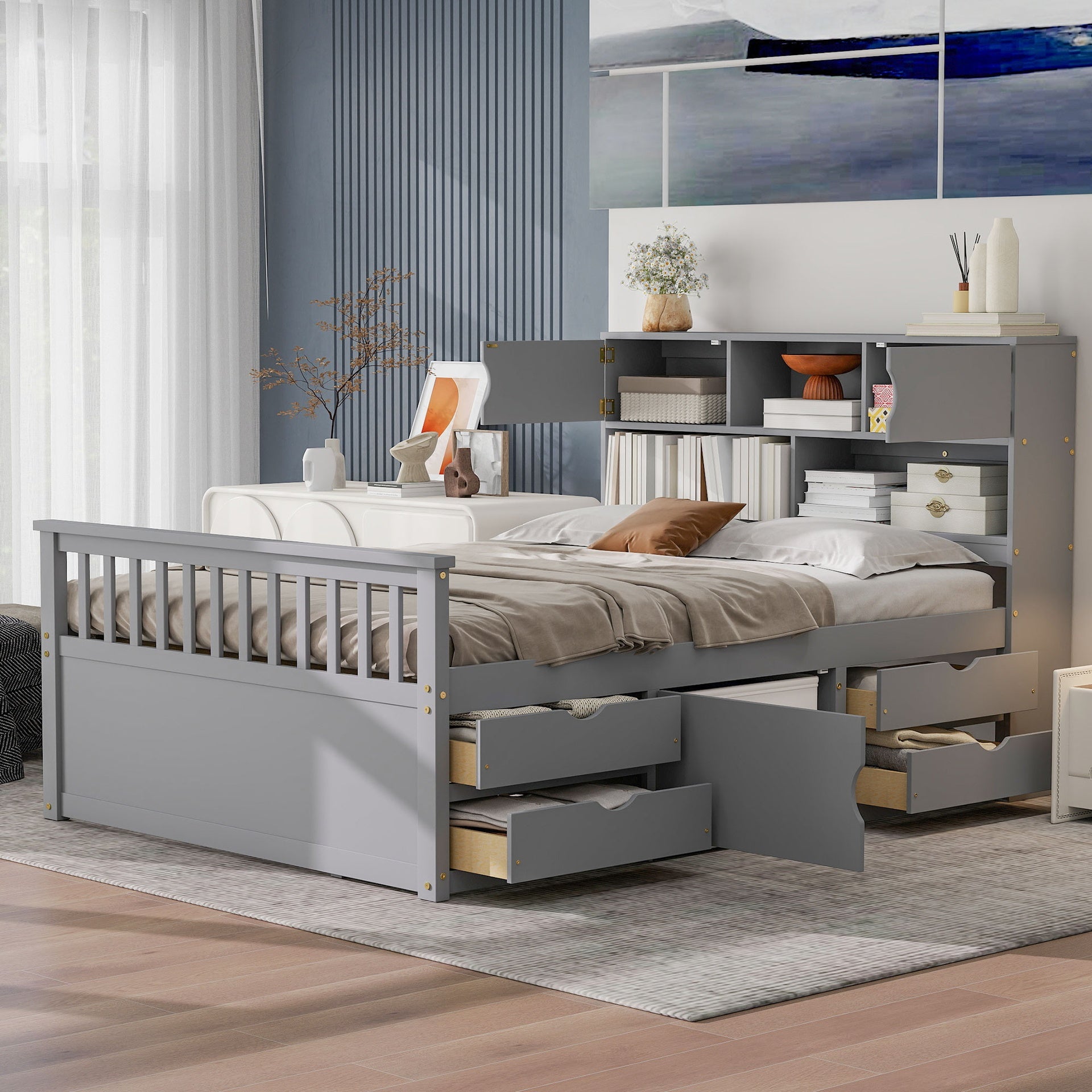 Full Size Captain Platform Bed Frame with Storage Bookcases and Shelves,Four Drawers,Gray