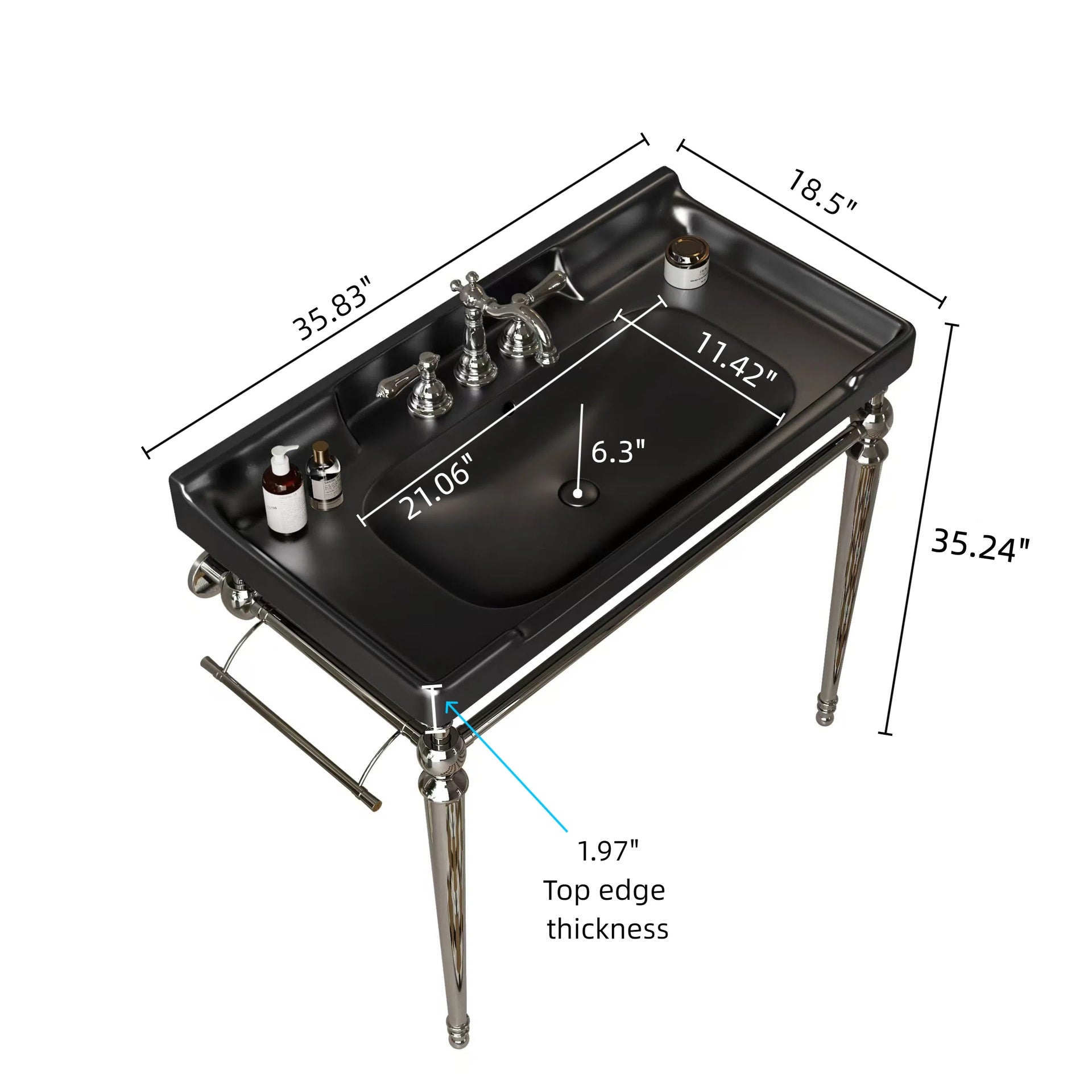 VICI 36" Bathroom Console Sink, Wall-Mounted Black Ceramic Vanity Basin with 3 Pre-drilled Faucet Holes, Freestanding Stainless Steel Support Legs with Towel Bar, No Faucet & Sink Cover, Chrome Color