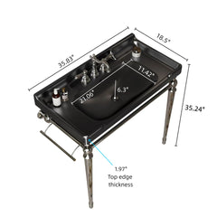 VICI 36" Bathroom Console Sink, Wall-Mounted Black Ceramic Vanity Basin with 3 Pre-drilled Faucet Holes, Freestanding Stainless Steel Support Legs with Towel Bar, No Faucet & Sink Cover, Chrome Color