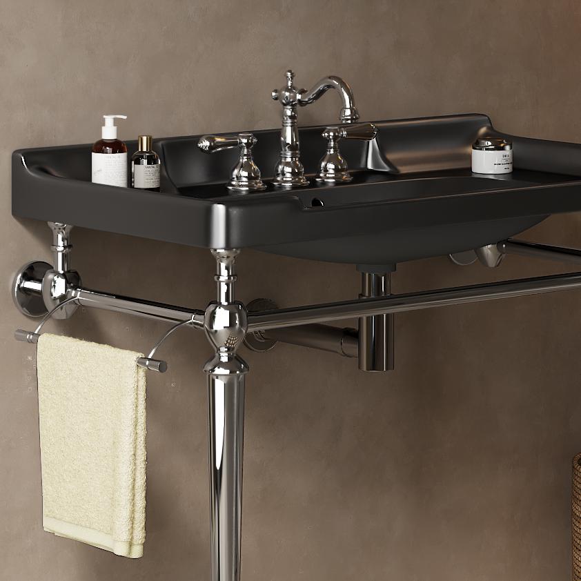 VICI 36" Bathroom Console Sink, Wall-Mounted Black Ceramic Vanity Basin with 3 Pre-drilled Faucet Holes, Freestanding Stainless Steel Support Legs with Towel Bar, No Faucet & Sink Cover, Chrome Color