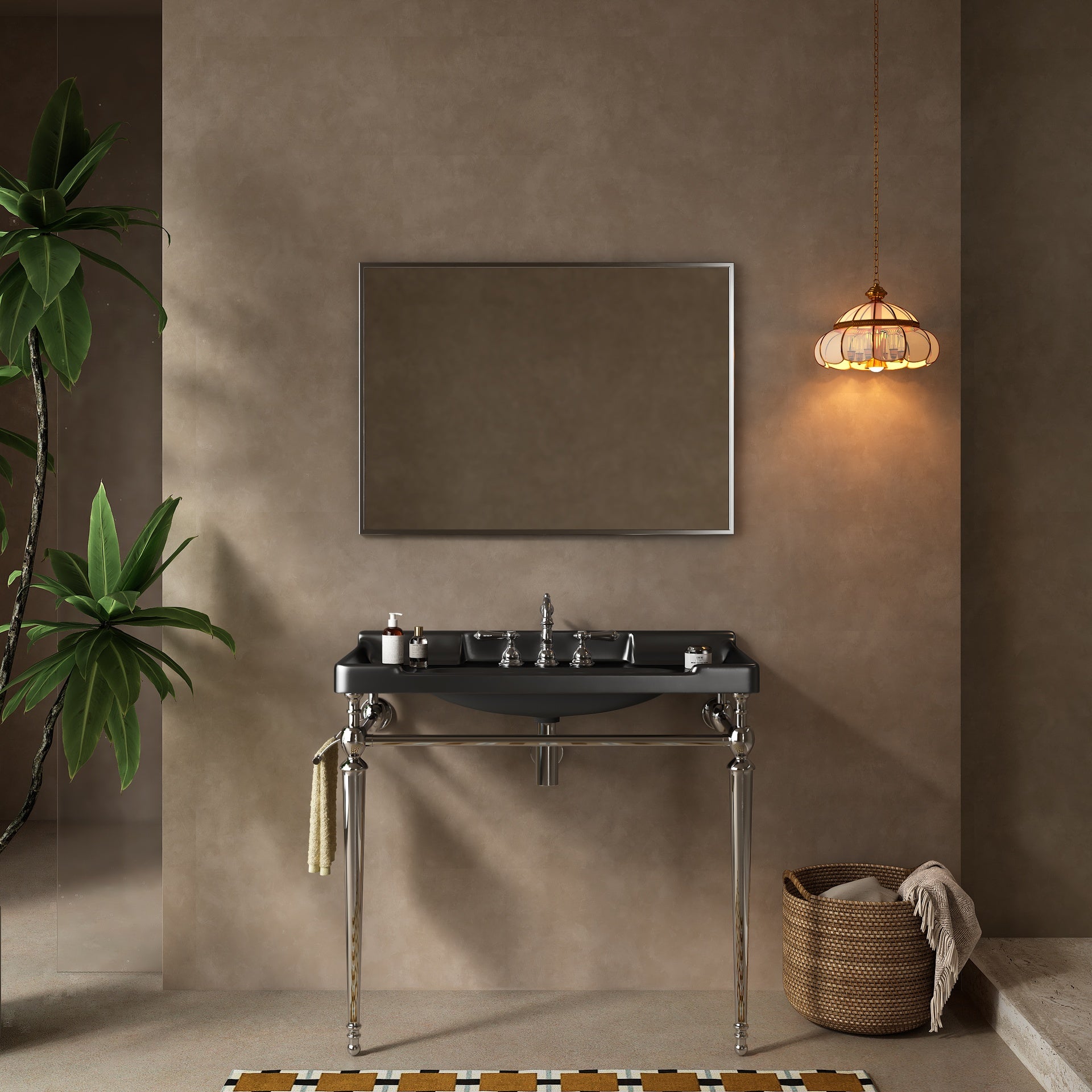 VICI 36" Bathroom Console Sink, Wall-Mounted Black Ceramic Vanity Basin with 3 Pre-drilled Faucet Holes, Freestanding Stainless Steel Support Legs with Towel Bar, No Faucet & Sink Cover, Chrome Color