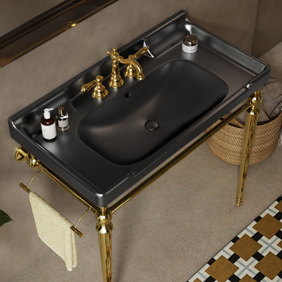 VICI 36" Bathroom Console Sink, Wall-Mounted Black Ceramic Vanity Basin with 3 Pre-drilled Faucet Holes, Freestanding Stainless Steel Support Legs with Towel Bar, No Faucet & Sink Cover, Gold Color