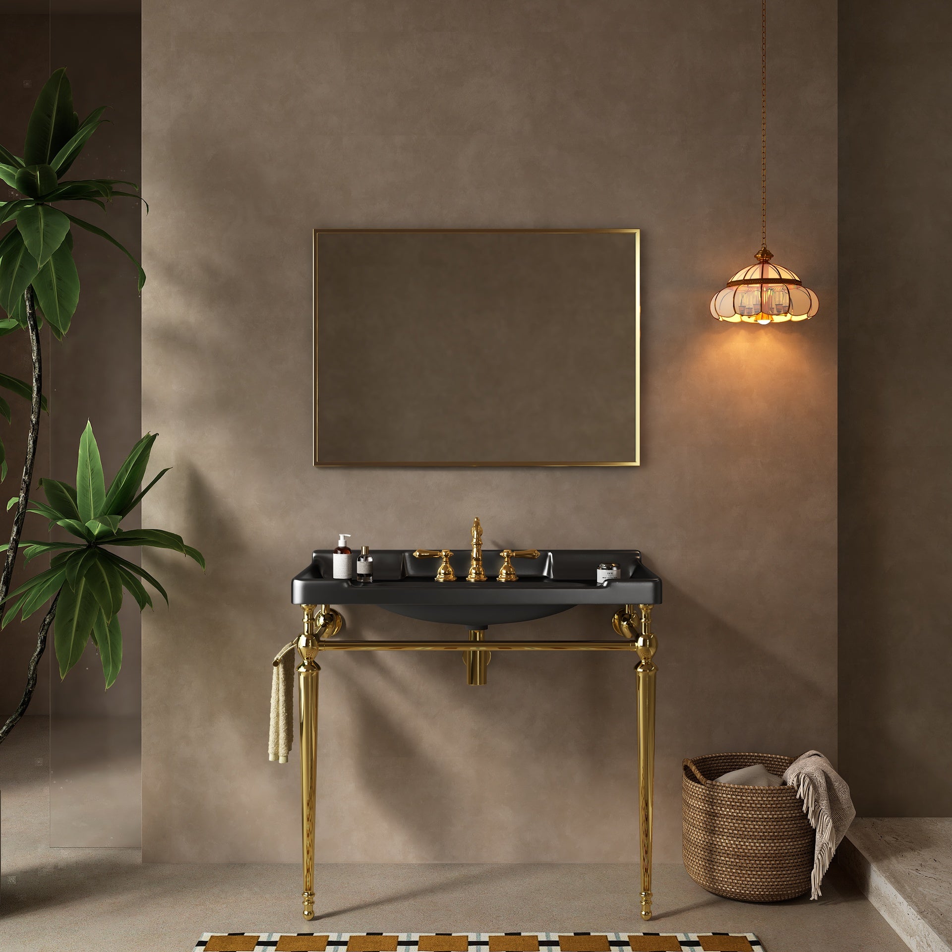 VICI 36" Bathroom Console Sink, Wall-Mounted Black Ceramic Vanity Basin with 3 Pre-drilled Faucet Holes, Freestanding Stainless Steel Support Legs with Towel Bar, No Faucet & Sink Cover, Gold Color