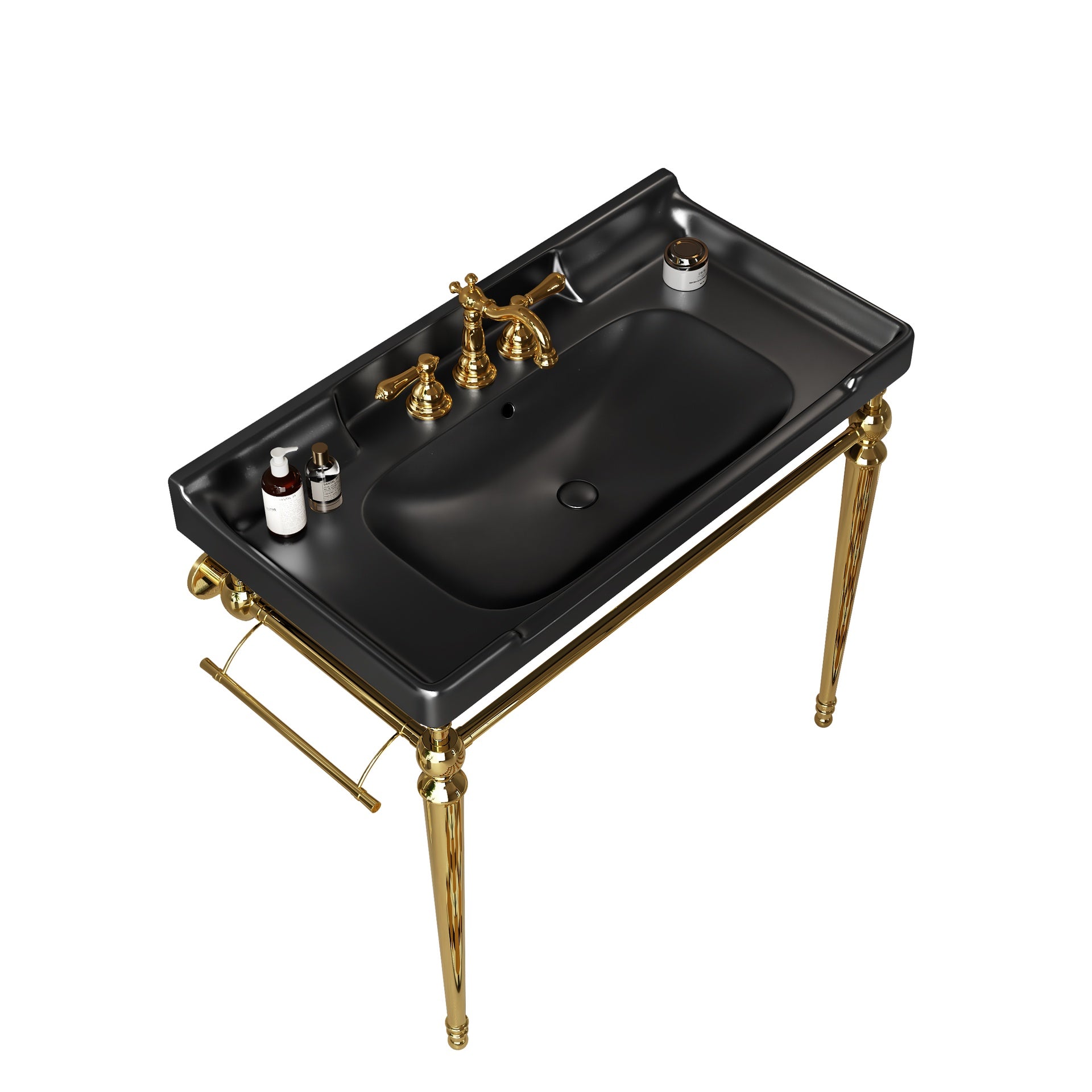 VICI 36" Bathroom Console Sink, Wall-Mounted Black Ceramic Vanity Basin with 3 Pre-drilled Faucet Holes, Freestanding Stainless Steel Support Legs with Towel Bar, No Faucet & Sink Cover, Gold Color