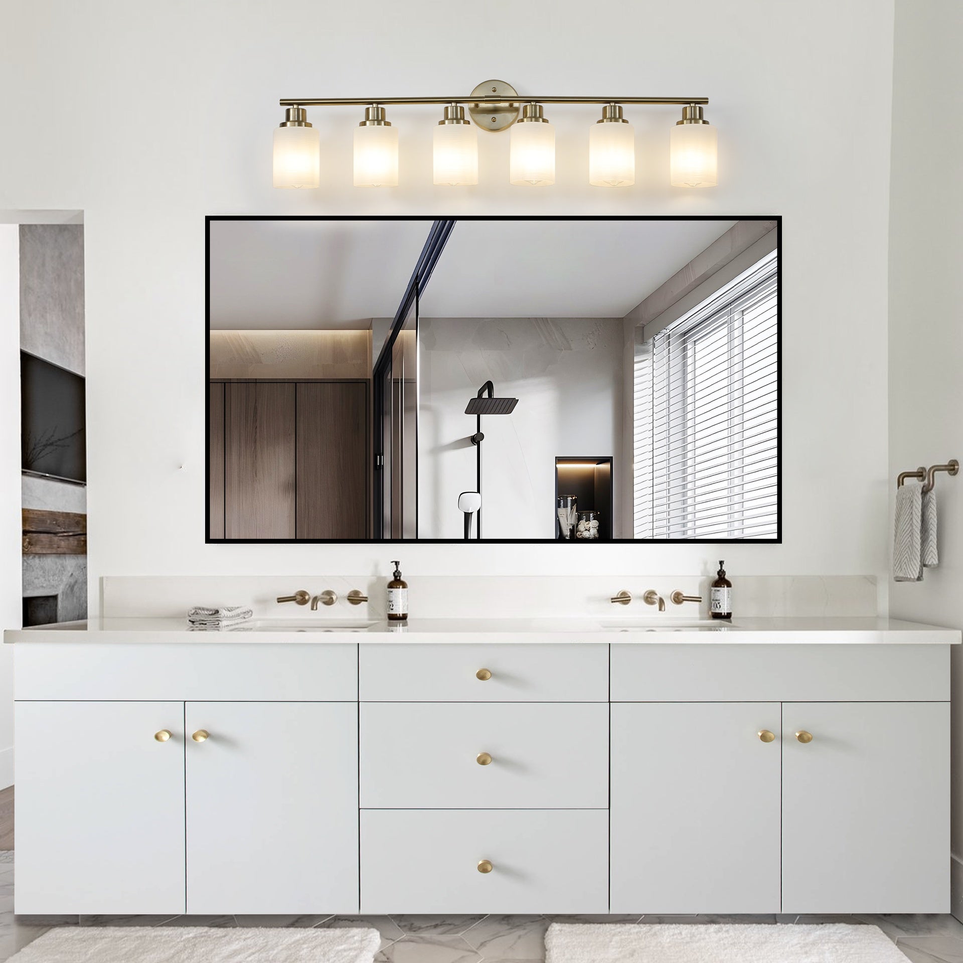 39" Modern 6-Light Vanity Wall Sconce, Golden Finish with Frosted Glass Shades for Bathroom or Hallway Lighting (No Bulbs)