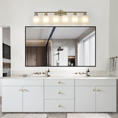 39" Modern 6-Light Vanity Wall Sconce, Golden Finish with Frosted Glass Shades for Bathroom or Hallway Lighting (No Bulbs)