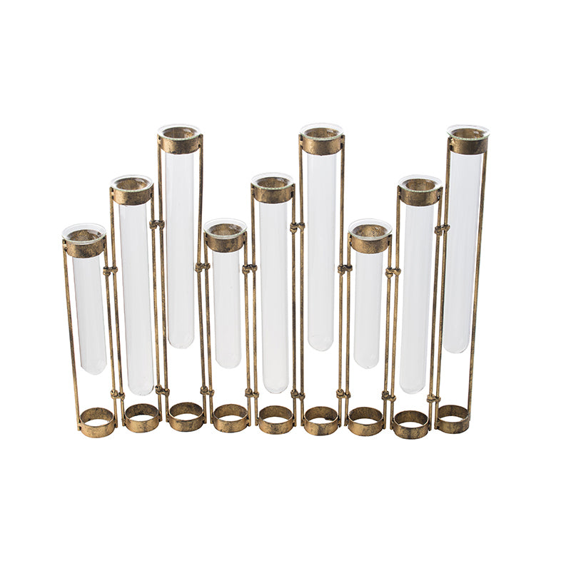 17.7x1.8x13.8 Glass Vial Flower Vase with Bronze Metal Frame