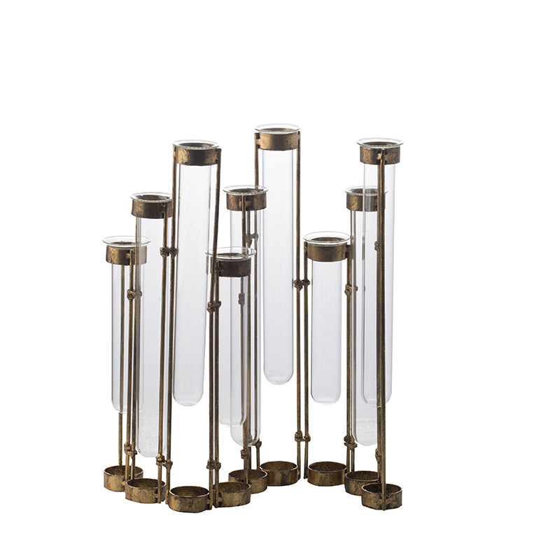 17.7x1.8x13.8 Glass Vial Flower Vase with Bronze Metal Frame