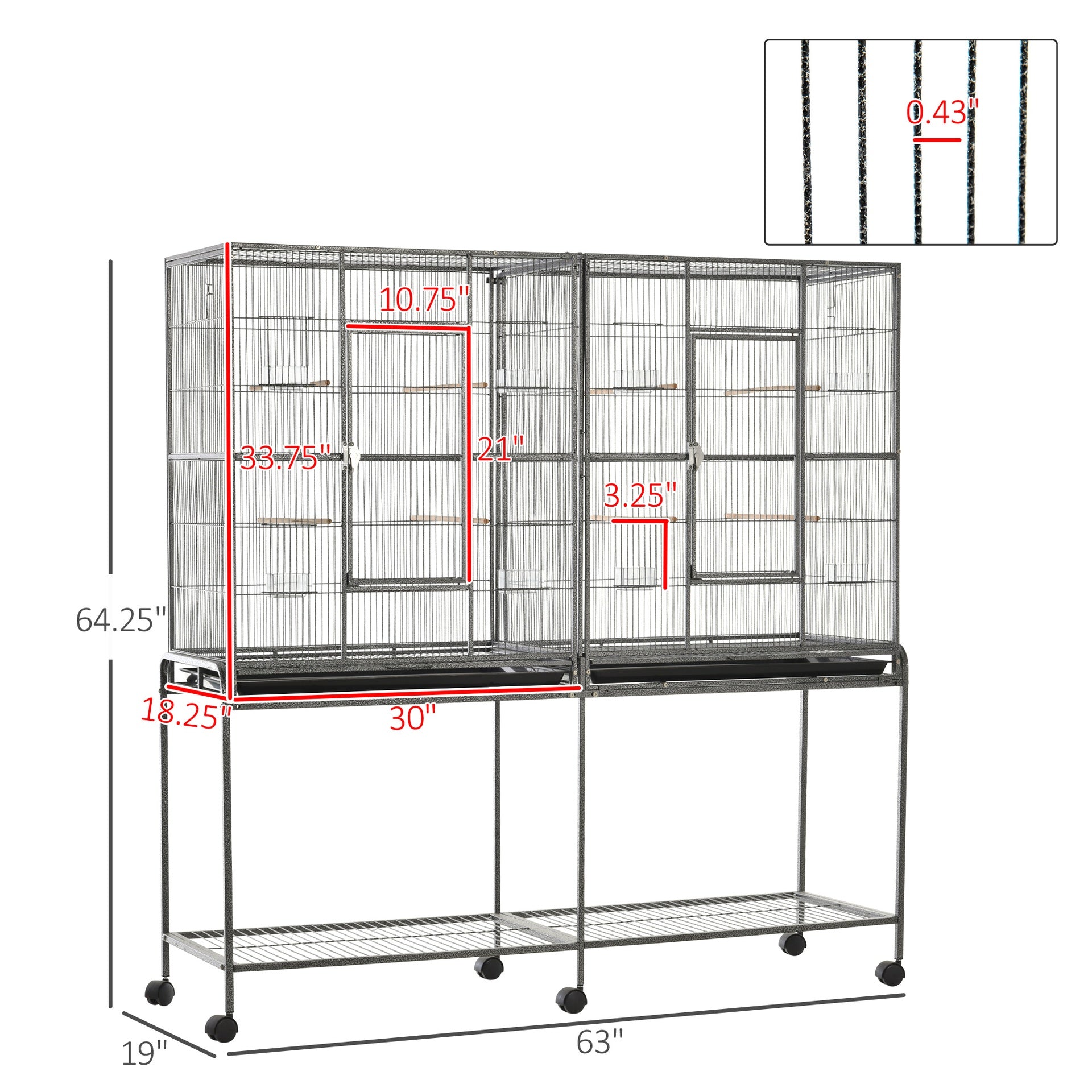 PawHut 65" Double Rolling Metal Bird Cage Feeder with Detachable Rolling Stand, Storage Shelf, Wood Perch & Food Container