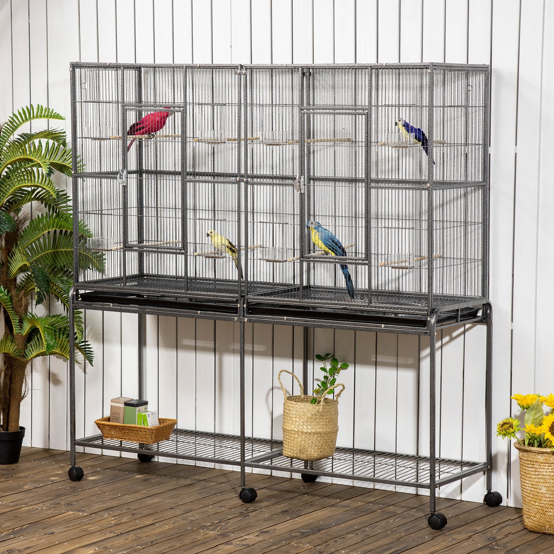 PawHut 65" Double Rolling Metal Bird Cage Feeder with Detachable Rolling Stand, Storage Shelf, Wood Perch & Food Container