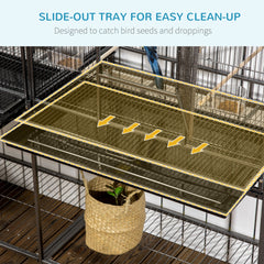 PawHut 65" Double Rolling Metal Bird Cage Feeder with Detachable Rolling Stand, Storage Shelf, Wood Perch & Food Container