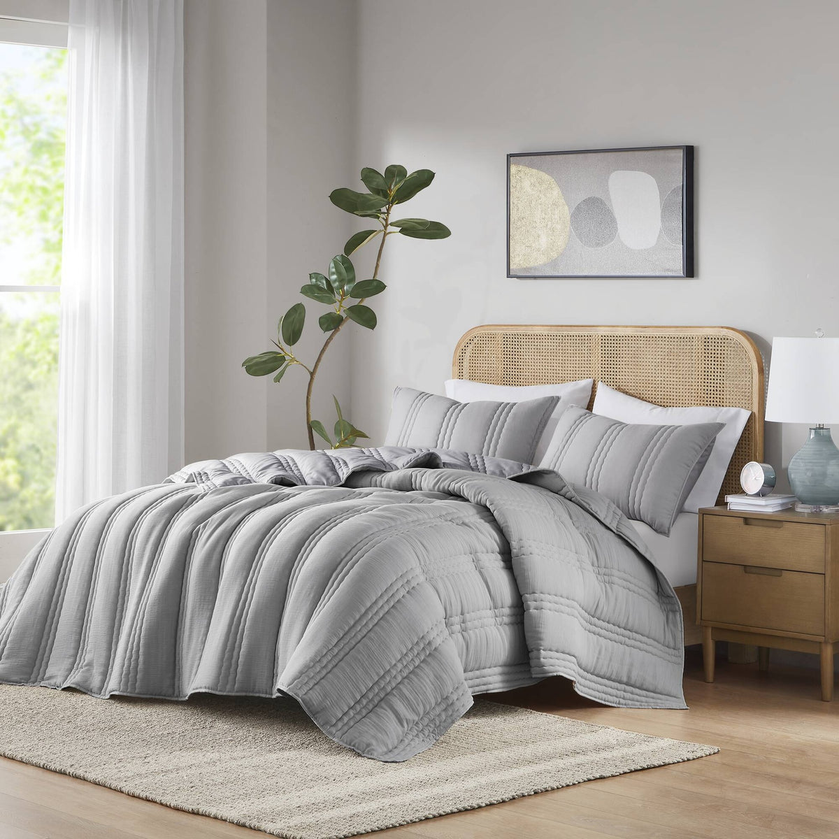 3 PCS King/Cal King Poly Gauze Quilt Set Gray