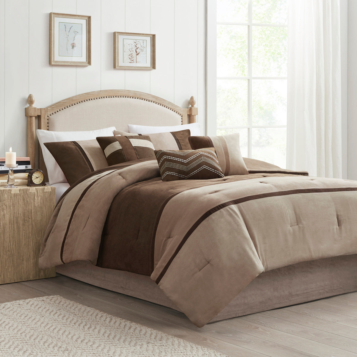 7 Piece Faux Suede Comforter Set Brown Queen