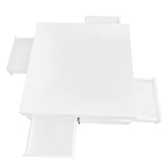 ON-TREND Modern High Gloss Coffee Table with 4 Drawers, Multi-Storage Square Cocktail Tea Table with Wood Grain Legs, Center Table for Living Room, 31.5''x31.5'', White