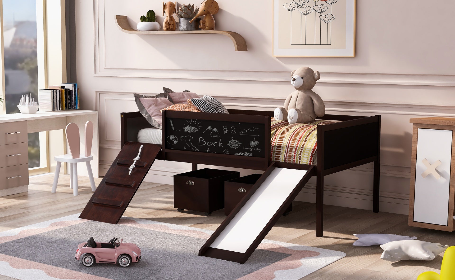 Twin size Loft Bed Wood Bed with Two Storage Boxes - Espresso