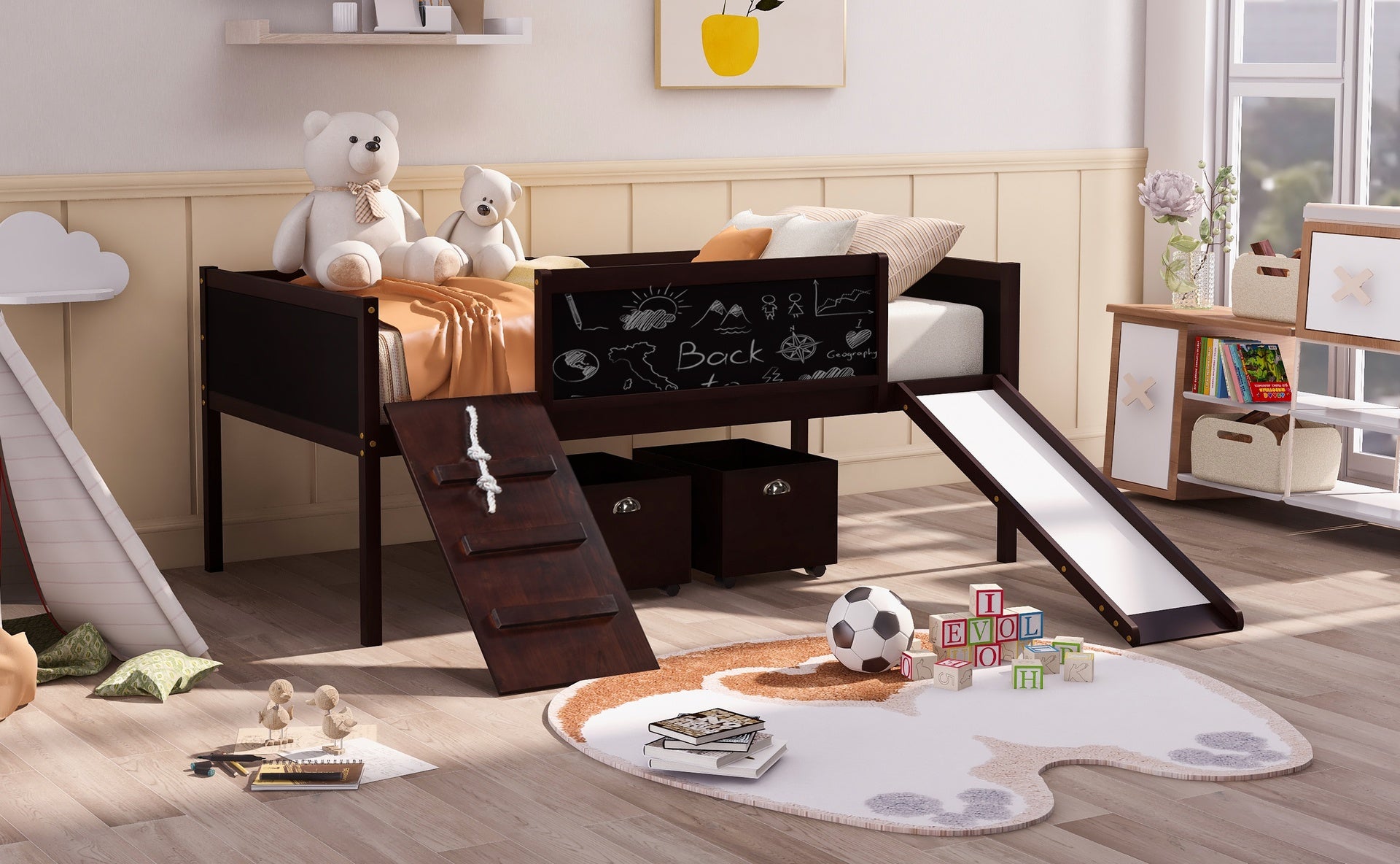 Twin size Loft Bed Wood Bed with Two Storage Boxes - Espresso