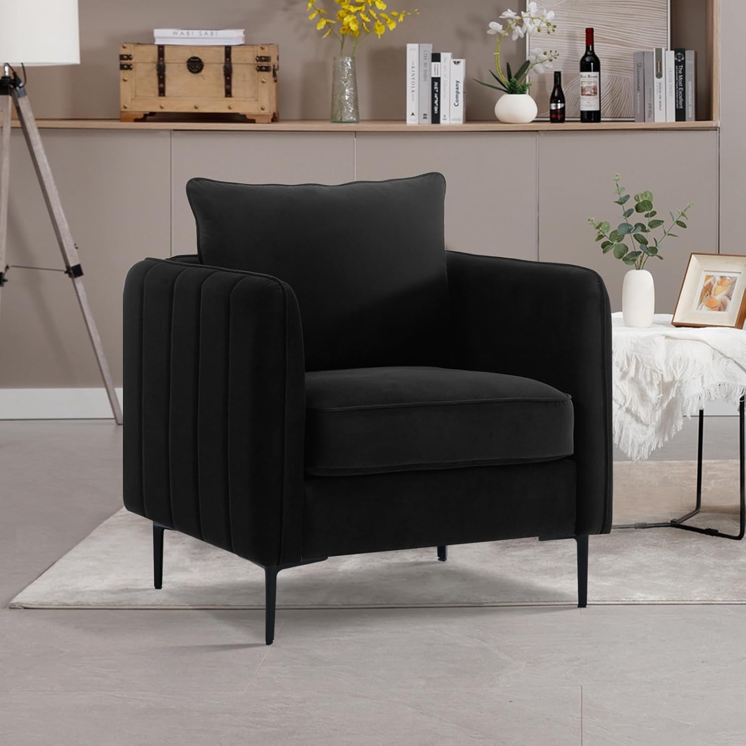 Accent Chair for Living Room, Velvet Comfy Single Sofa Chair Mid-Century Modern Armchair with 1 Pillow and Metal Legs for Bedroom Office Reading