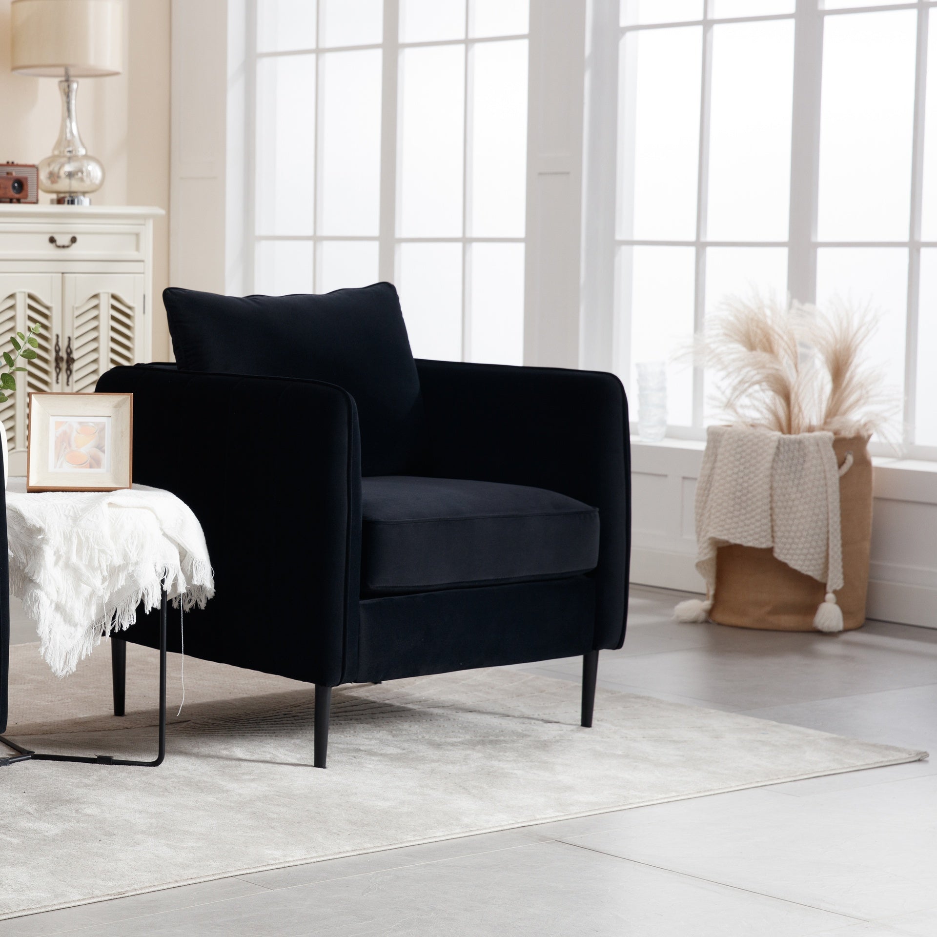 Accent Chair for Living Room, Velvet Comfy Single Sofa Chair Mid-Century Modern Armchair with 1 Pillow and Metal Legs for Bedroom Office Reading