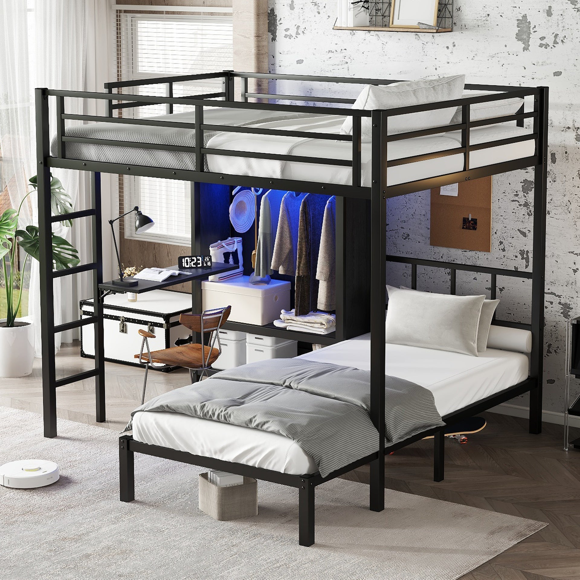 Full XL Over Twin Metal Bunk Bed with Folding Desk, Closet with LED ,Space-Saving/Noise Reduced, Black