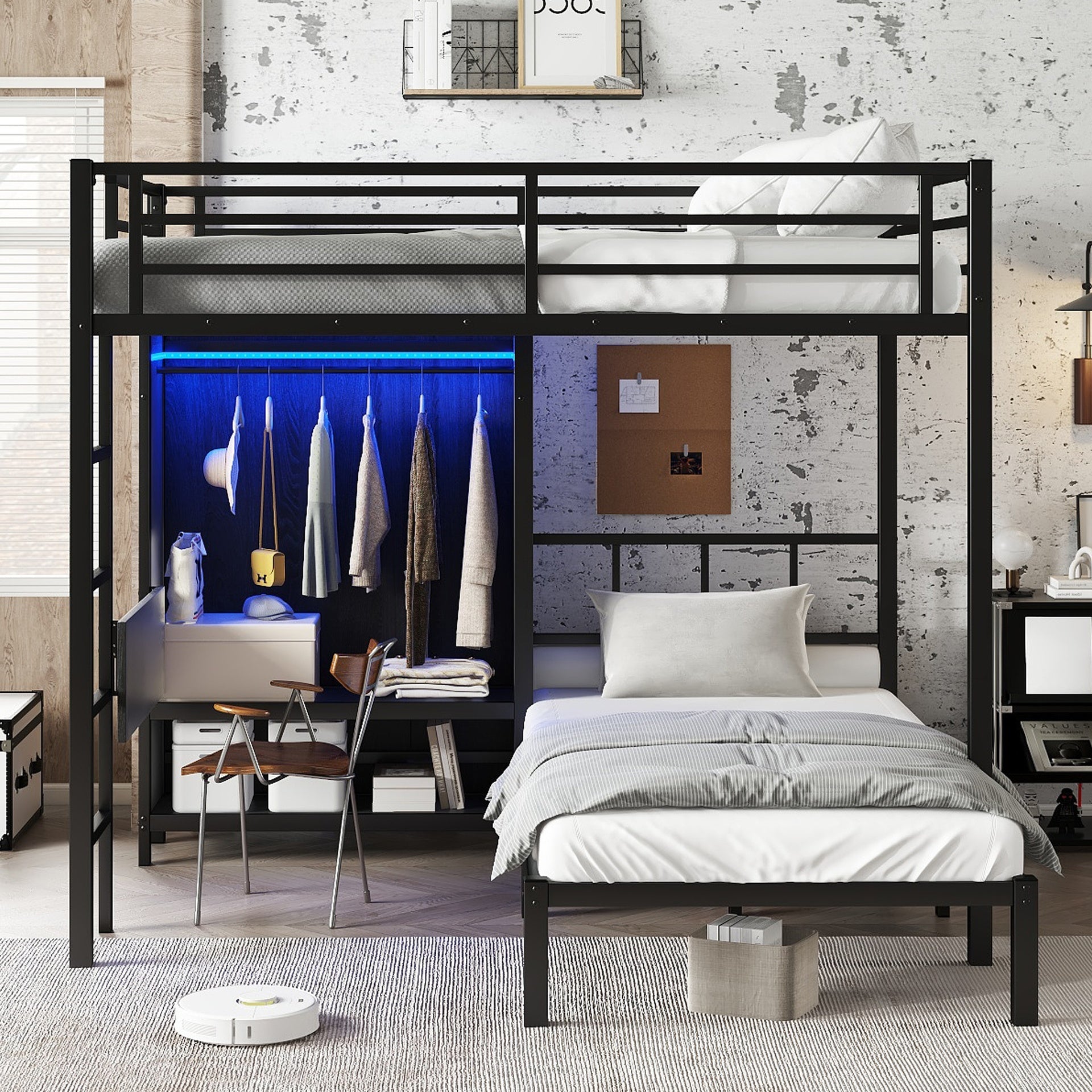 Full XL Over Twin Metal Bunk Bed with Folding Desk, Closet with LED ,Space-Saving/Noise Reduced, Black