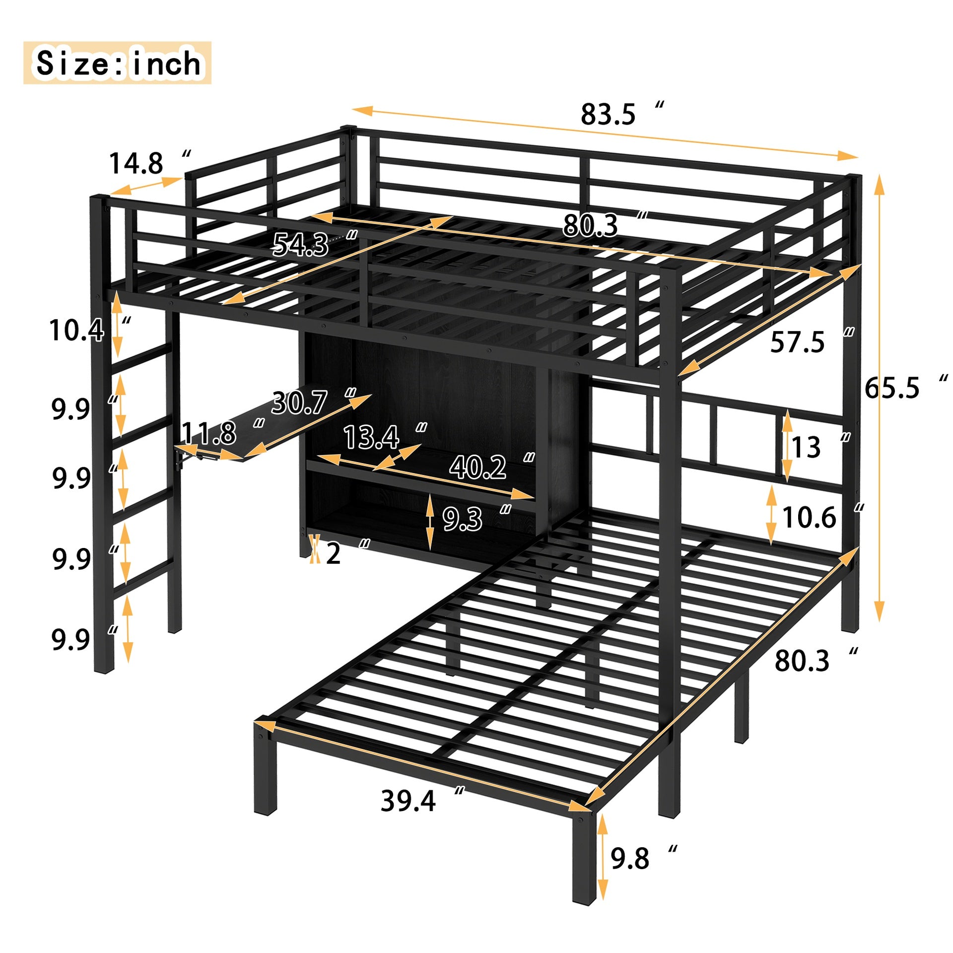 Full XL Over Twin Metal Bunk Bed with Folding Desk, Closet with LED ,Space-Saving/Noise Reduced, Black
