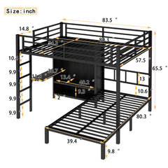 Full XL Over Twin Metal Bunk Bed with Folding Desk, Closet with LED ,Space-Saving/Noise Reduced, Black