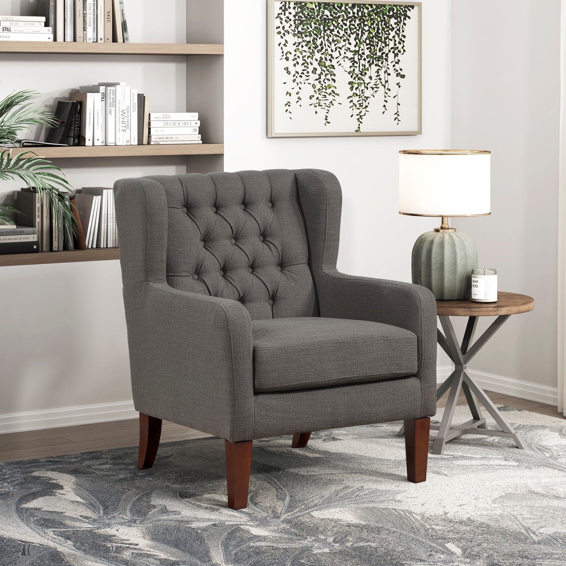 Classic Wingback Accent Chair Dark Gray Upholstered Plush Button-Tufted Luxurious Comfort Living Room Furniture 1pc Solidwood Legs