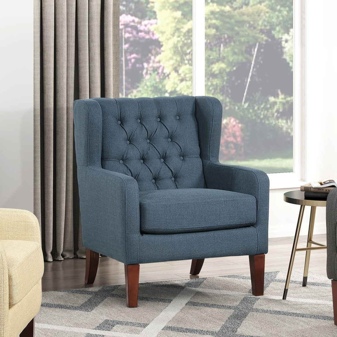 Classic Wingback Accent Chair Blue Upholstered Plush Button-Tufted Luxurious Comfort Living Room Furniture 1pc Solidwood Legs