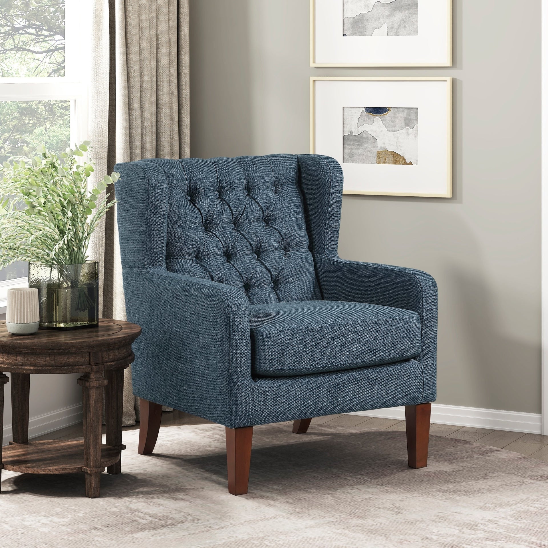 Classic Wingback Accent Chair Blue Upholstered Plush Button-Tufted Luxurious Comfort Living Room Furniture 1pc Solidwood Legs