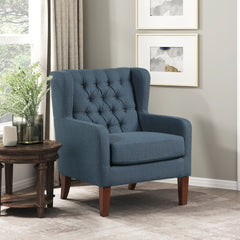 Classic Wingback Accent Chair Blue Upholstered Plush Button-Tufted Luxurious Comfort Living Room Furniture 1pc Solidwood Legs