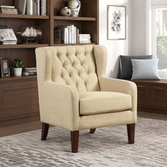 Classic Wingback Accent Chair Beige Upholstered Plush Button-Tufted Luxurious Comfort Living Room Furniture 1pc Solidwood Legs