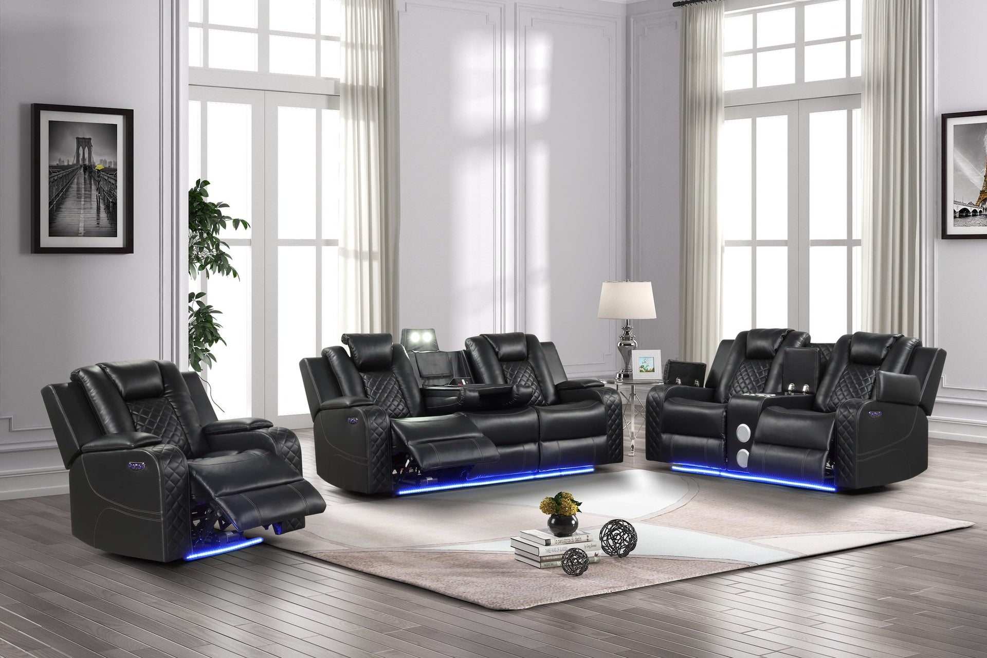 BENZ LED & Power Recliner 3 PC Made With Faux Leather in Black (NJ INVENTORY)