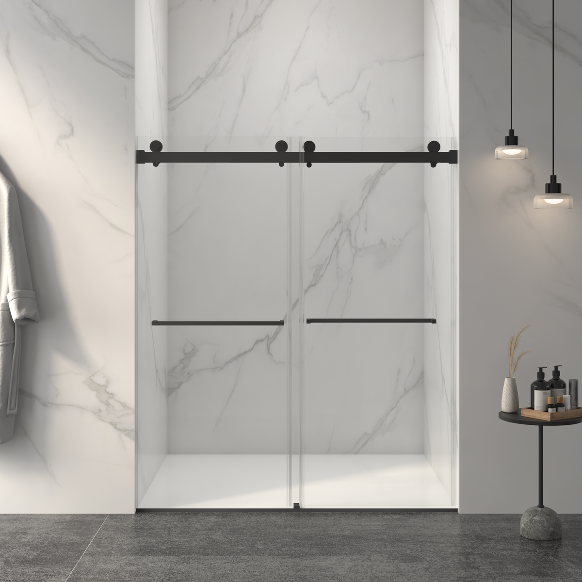 56-60"W x 70"H Frameless Double Sliding Shower Door,5/16" (8mm) Thick SGCC Tempered Clear Glass,Double Side Easy Clean Coat, Matte Black Finished With Buffer