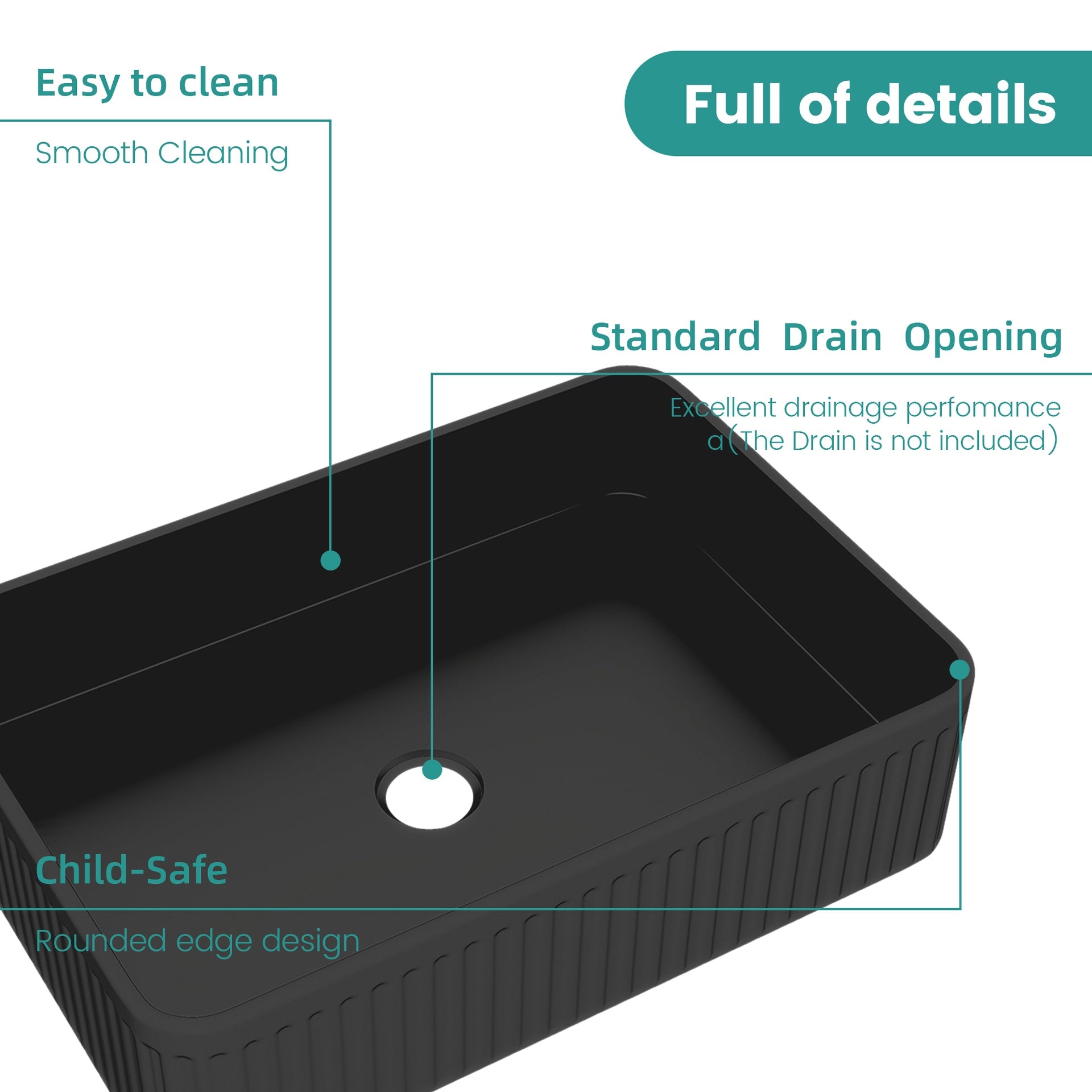 BB17, Integrated Black Ceramic Basin, Drain and faucet NOT Included