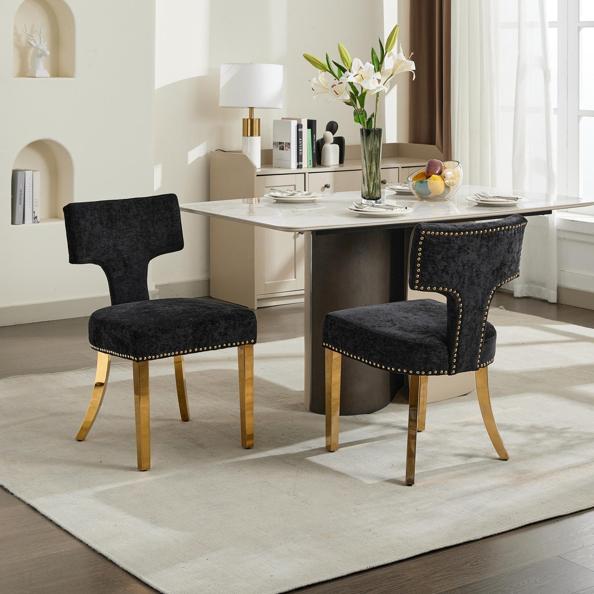 Mid Century Modern Dining Chairs Set of 2, Farmhouse Chenille Fabric Upholstered Accent Chair Curved Backrest with Copper Nails around,Kitchen Chairs with Golden Stainless Steel Plating Legs, Black