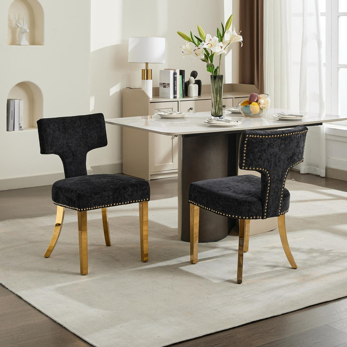 Mid Century Modern Dining Chairs Set of 2, Farmhouse Chenille Fabric Upholstered Accent Chair Curved Backrest with Copper Nails around,Kitchen Chairs with Golden Stainless Steel Plating Legs, Black