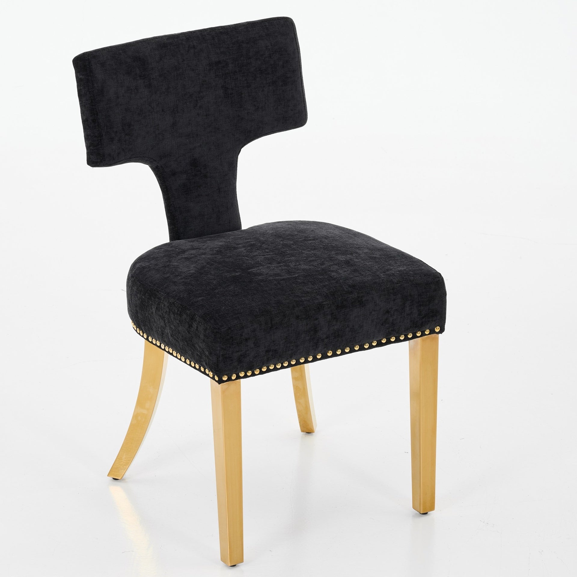 Mid Century Modern Dining Chairs Set of 2, Farmhouse Chenille Fabric Upholstered Accent Chair Curved Backrest with Copper Nails around,Kitchen Chairs with Golden Stainless Steel Plating Legs, Black