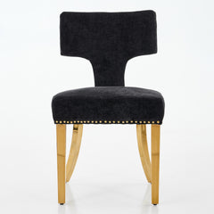 Mid Century Modern Dining Chairs Set of 2, Farmhouse Chenille Fabric Upholstered Accent Chair Curved Backrest with Copper Nails around,Kitchen Chairs with Golden Stainless Steel Plating Legs, Black