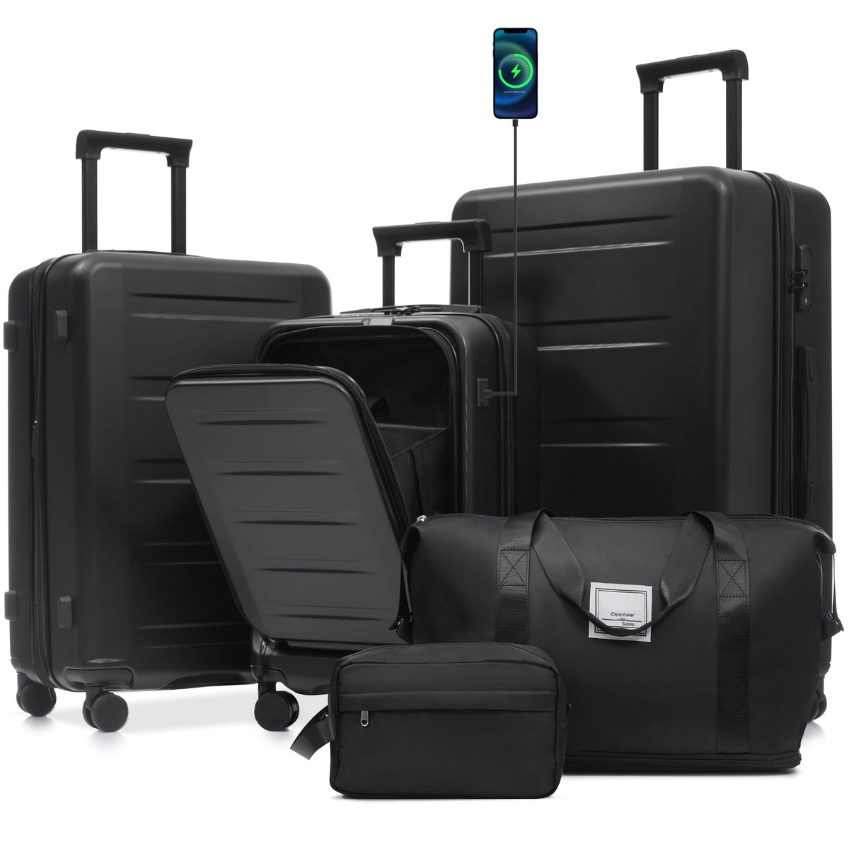 Luggage Sets 5 Piece with Front Opening, Hardside Expandable Carry On Suitcase Set with Double Spinner Wheel, Lightweight Travel Luggage with USB Port,TSA Locks(20"24"28")