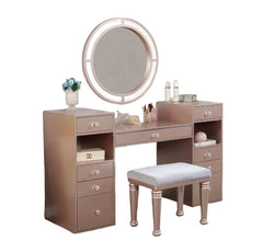 Glam Style 1pc Vanity w/ Padded Stool Set 3mm Mirror Storage Drawers LED On Mirror Tiffany Blush Finish Bedroom Furniture