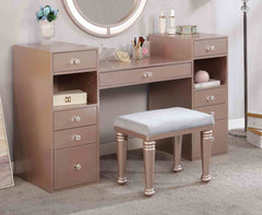 Glam Style 1pc Vanity w/ Padded Stool Set 3mm Mirror Storage Drawers LED On Mirror Tiffany Blush Finish Bedroom Furniture