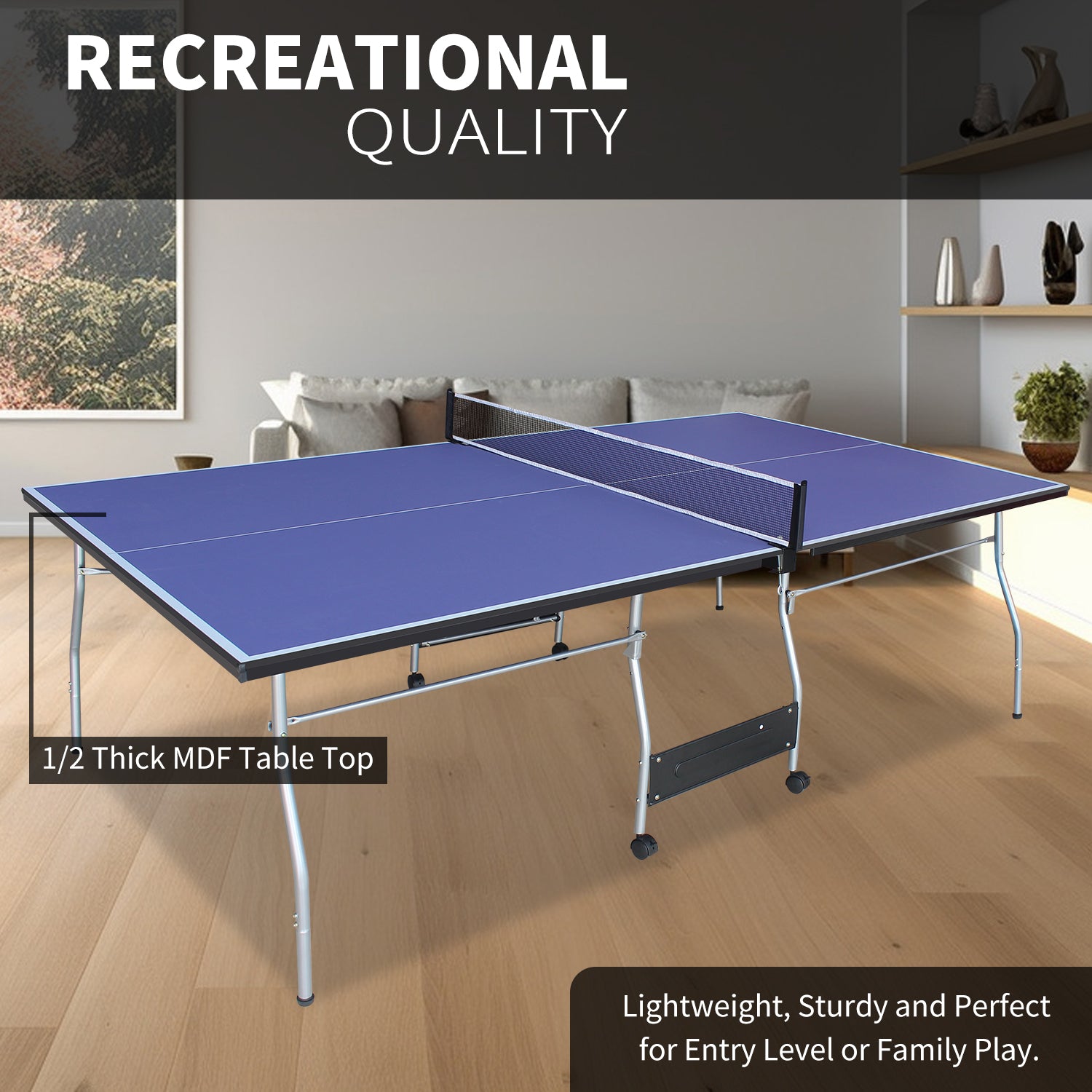 8*4.5ft Mid-Size Table Tennis Table Foldable & Portable Ping Pong Table Set for Indoor Games with Net, 2 Table Tennis Paddles and 3 Balls