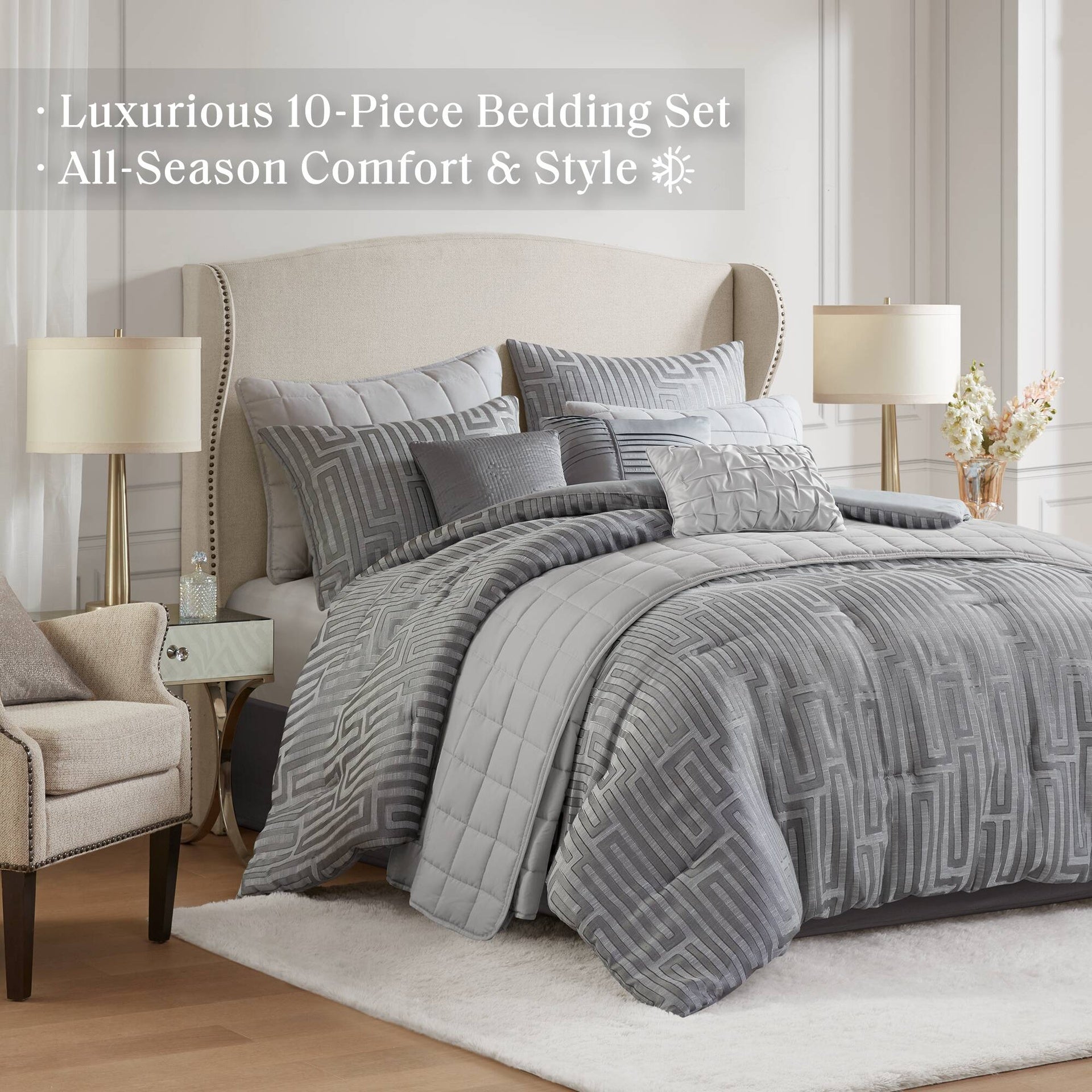 10 PCS Cal King  Luxury Jacquard Comforter Set Grey