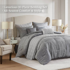 10 PCS Cal King  Luxury Jacquard Comforter Set Grey