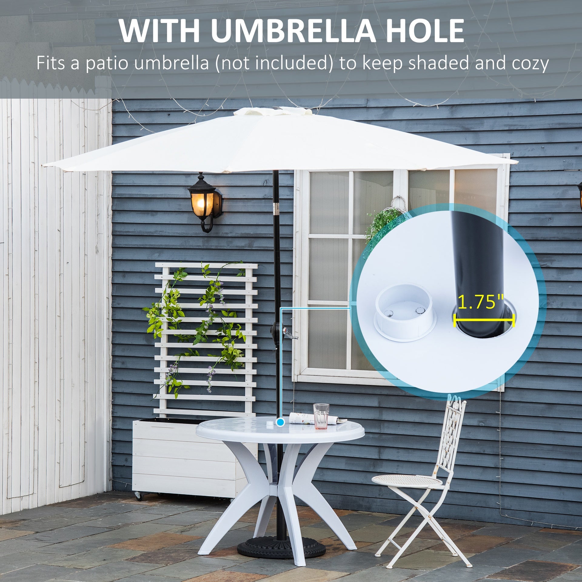 Outsunny 36.25" Dia Round Plastic Patio Table with Umbrella Hole, Outdoor Bistro Dining Table, for Bar, Garden, Backyard, Poolside, Yard, White